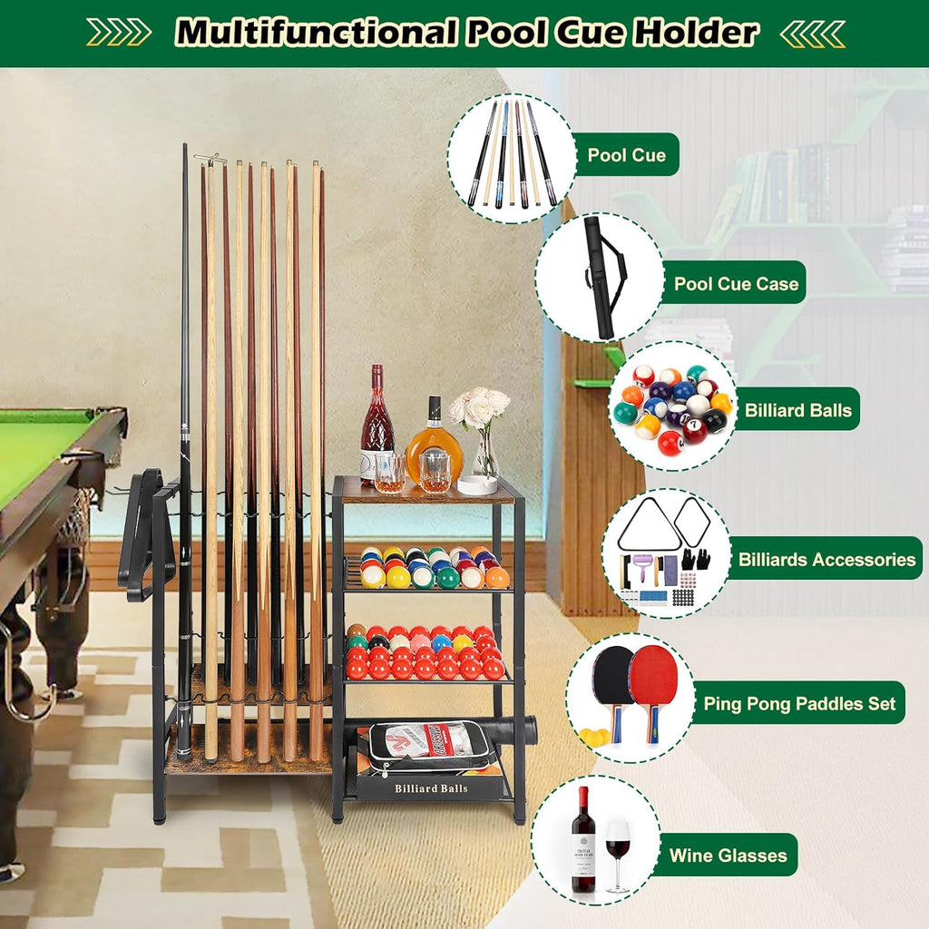 Pool Stick Holder Rack Stand for 12 Cue Sticks -Large Billiards Game Room Storage with Organizer for Balls, Triangle,Pool Table Accessories - Heavy Duty Cue Stick Holder Floor Stand for Home or Bar