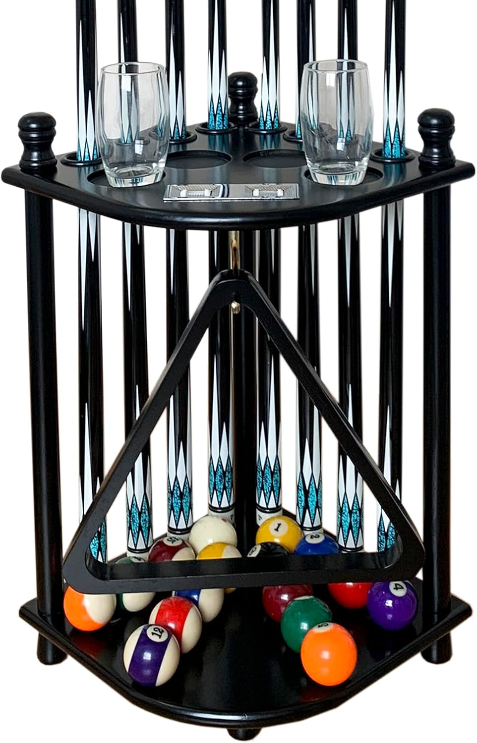 Floor Standing Pool Cue Rack Hold 8 Cue Sticks & Pool Table Accessories, Solid Wood Pool Stick Holder, Corner Pool Cue Holder with Ball Rack Hook & Scorer Counter