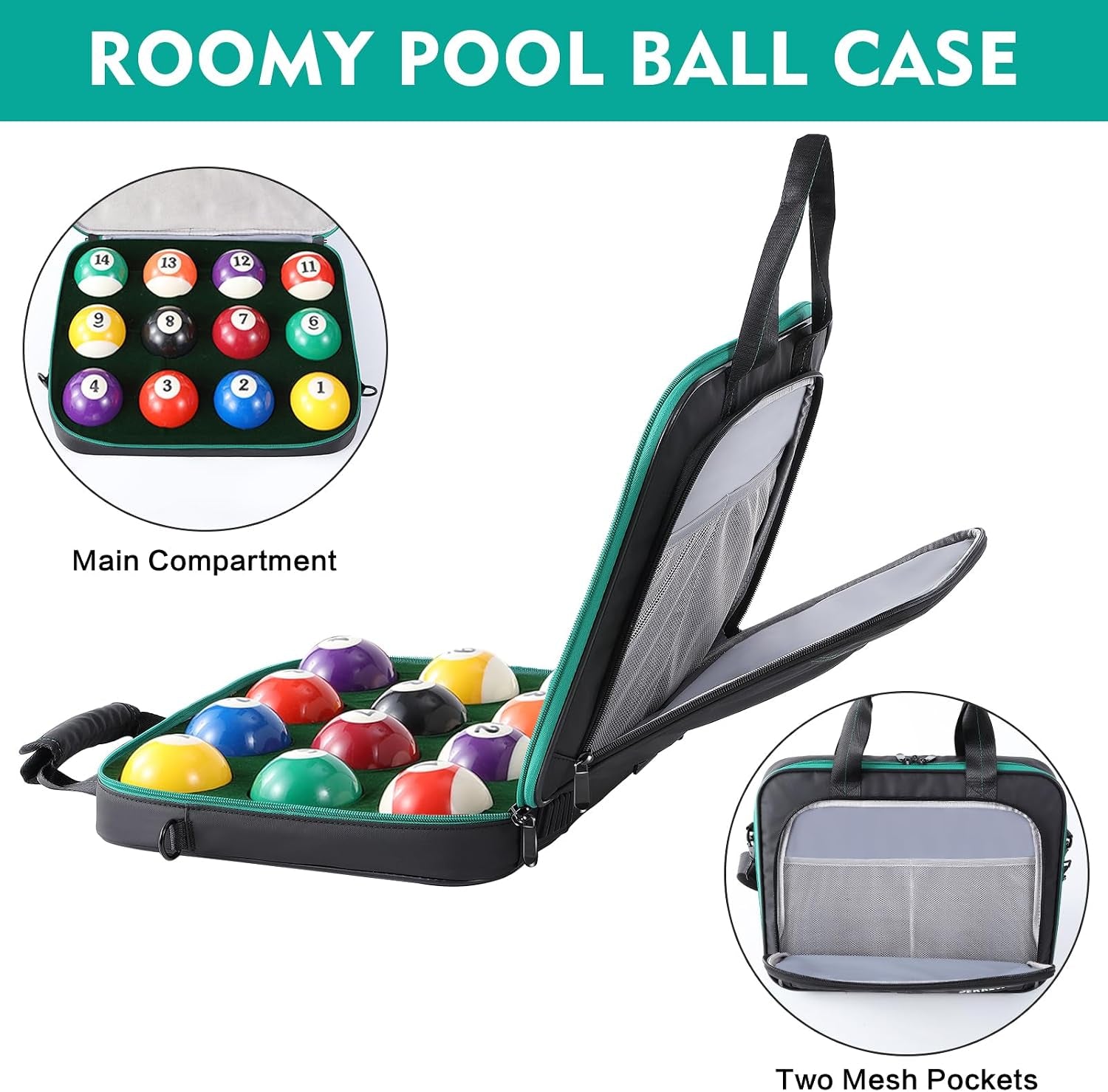 Billiard Carrying Bag Fit 17 or 12 2-1/4'' Billiards Ball Set | Padded Pool Ball Case, Carry Handle and Shoulder Strap, Pool Ball Holder for Accessories, Travel Storage Box, Bag Only