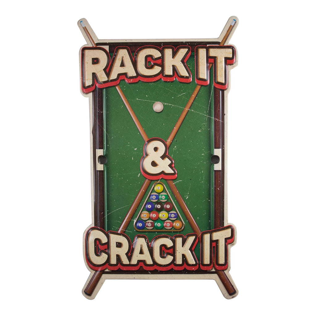 Rack It Crack It Pool Table Sticks Billiards Embossed Metal Sign - Decor for Bar, Man Cave, Garage, Game Room