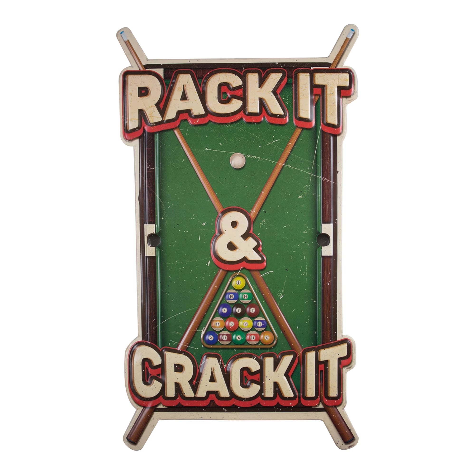 Rack It Crack It Pool Table Sticks Billiards Embossed Metal Sign - Decor for Bar, Man Cave, Garage, Game Room