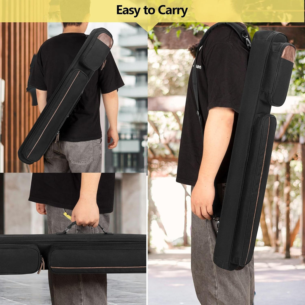 2X2 Pool Cue Case Holds 2 Butts and 2 Shafts, Billiard Pool Cue Stick Carrying Case Bag with Handle and Detachable Shoulder Strap, Soft Padded Pool Cue Bag with Front Accessory Pocket, Black