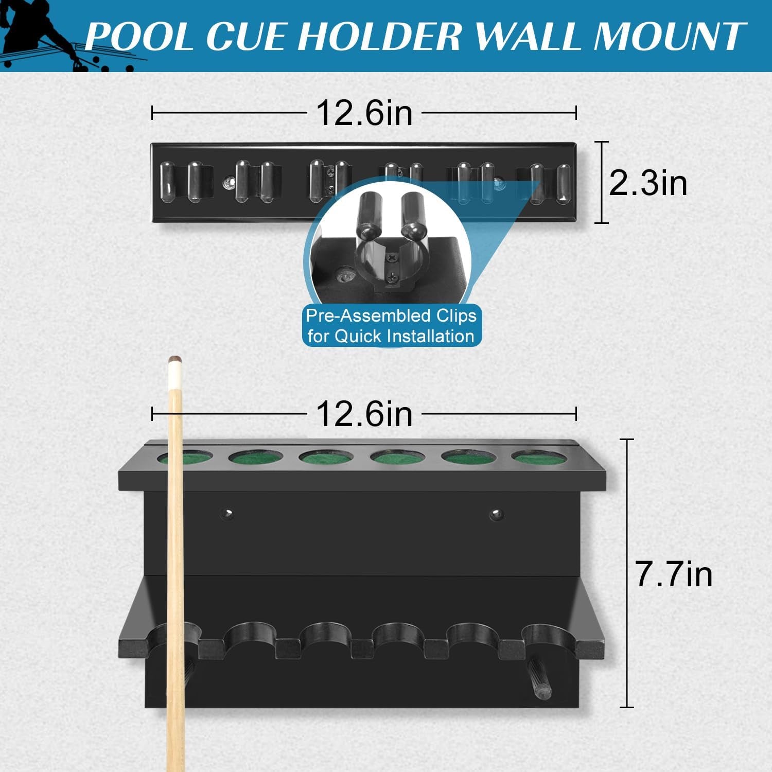 Pool Stick Holder Pool Cue Rack Wall Mount Pool Cue Holder for 6 Sticks Billiard Pool Table Accessories Organizer, Black
