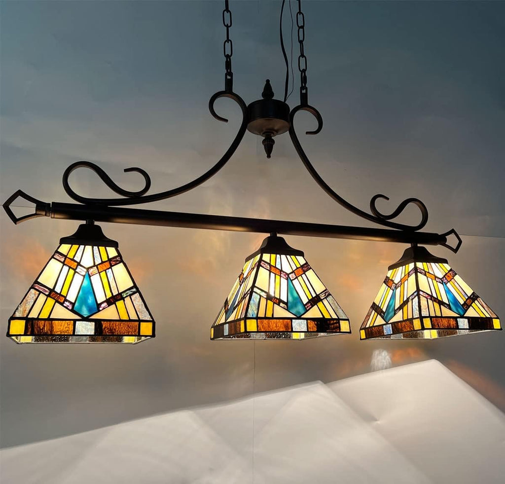Tiffany Cream Amber Stained Glass Pool Table Light Chandelier | 3-Light,7" Wide Pendant Light,For Dining Room Kitchen Island Pool Table Billiard Hall