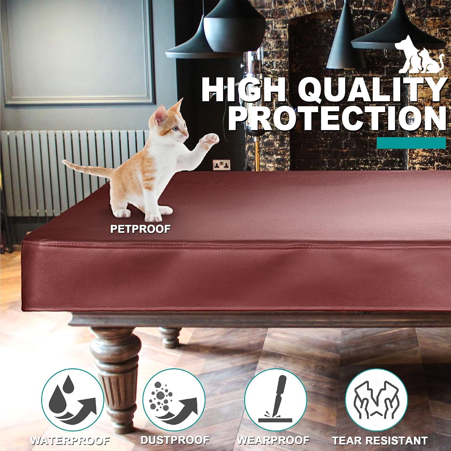 Pool Table Cover, Heavy Duty Leatherette Billiard Table Cover | Waterproof & Tearproof Cover for Pool Table, Brown, 8FT-100"LX 56"WX 8"H