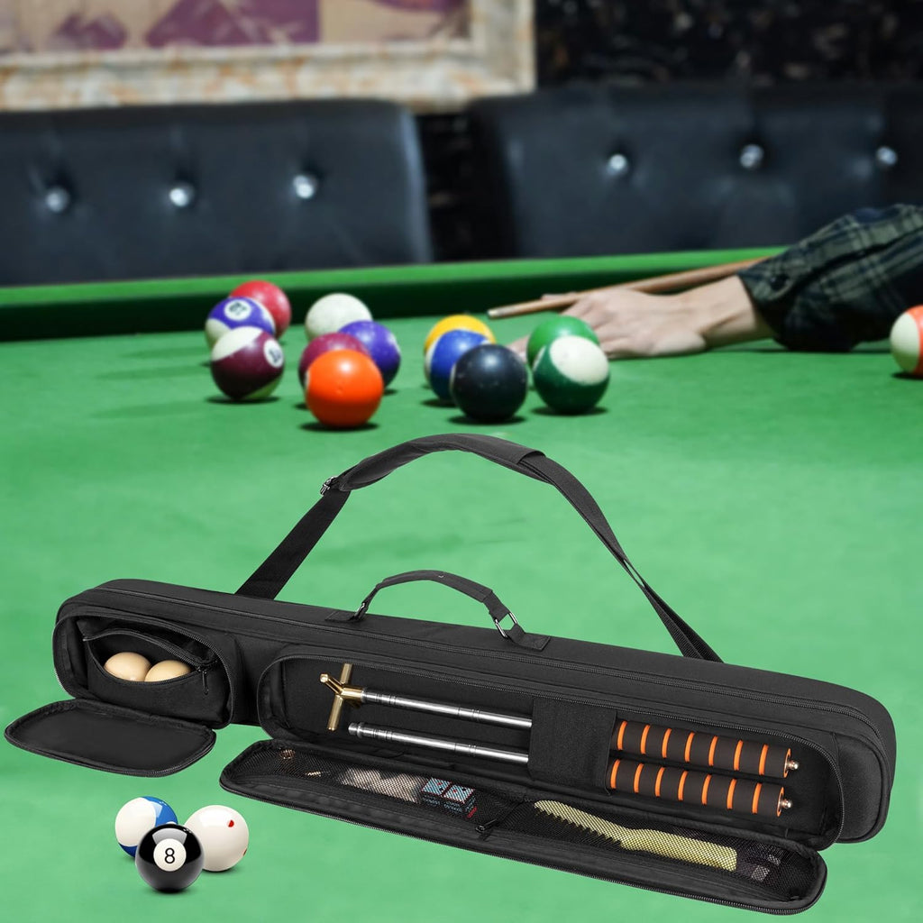 2X2 Pool Cue Case Holds 2 Butts and 2 Shafts, Billiard Pool Cue Stick Carrying Case Bag with Handle and Detachable Shoulder Strap, Soft Padded Pool Cue Bag with Front Accessory Pocket, Black