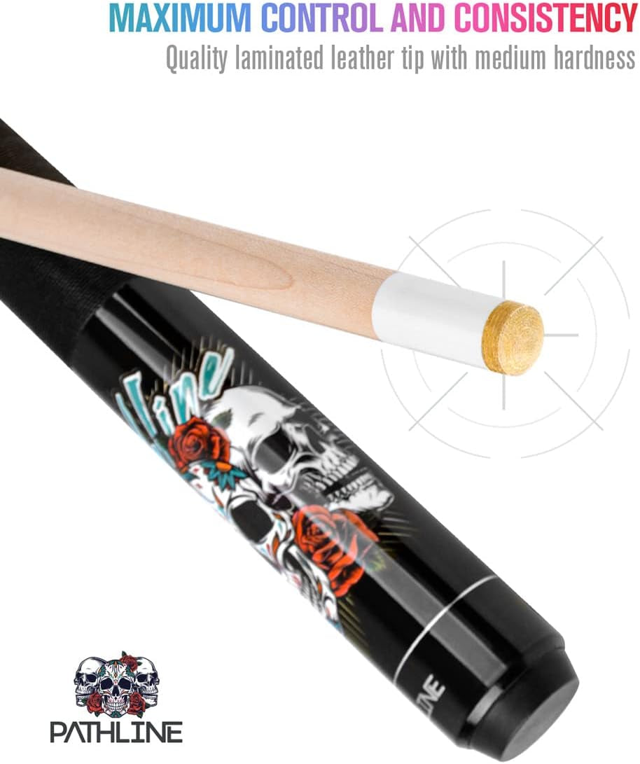 Pool Cue Stick - 58" 13Mm Tip Billiard Cue and Case | Skull Rose Design, Hard Maple Shaft, Linen Wrap, 18-21Oz Weight, Cue & Case Kit, for Serious Player