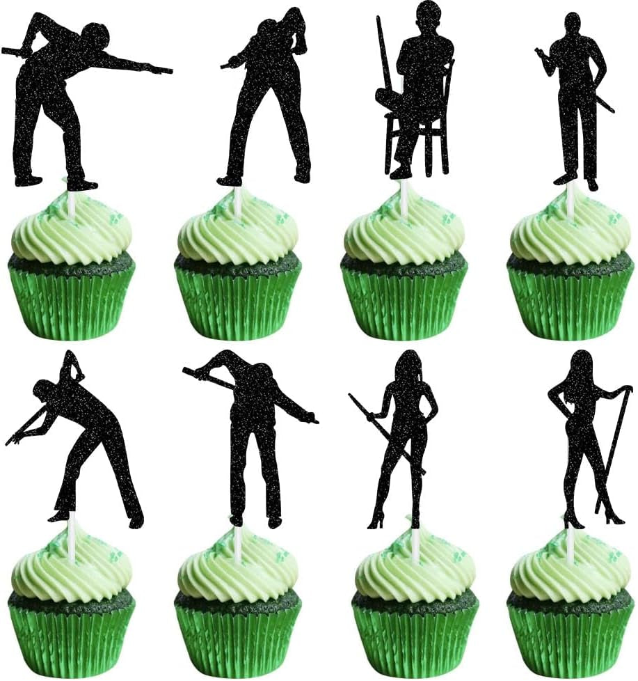 Billiards Ball Cupcake Topper Billiards Cake Decoration 16Pcs Glitter Black Sport Theme Cake Decoration for Birthday Anniversary Party Supplies