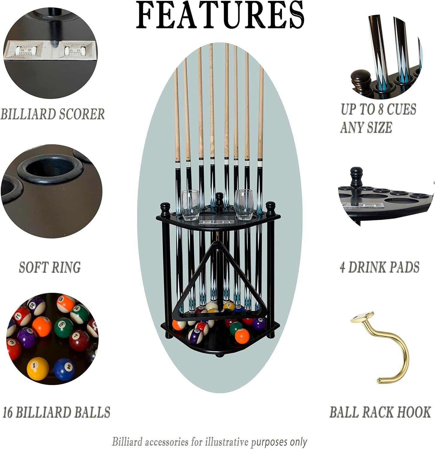 Floor Standing Pool Cue Rack Hold 8 Cue Sticks & Pool Table Accessories, Solid Wood Pool Stick Holder, Corner Pool Cue Holder with Ball Rack Hook & Scorer Counter
