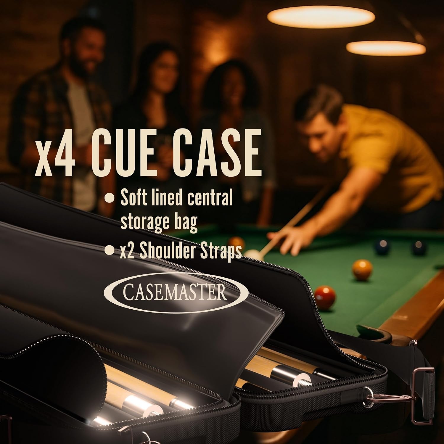 Parallax 4X4 Billiard Cue Case, Holds 4 Butts and 4 Shafts, Foam-Padded Interior, 600D Oxford Fabric, Backpack Straps, Black