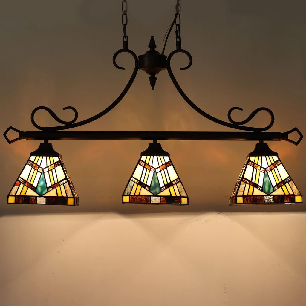 Tiffany Cream Amber Stained Glass Pool Table Light Chandelier | 3-Light,7" Wide Pendant Light,For Dining Room Kitchen Island Pool Table Billiard Hall