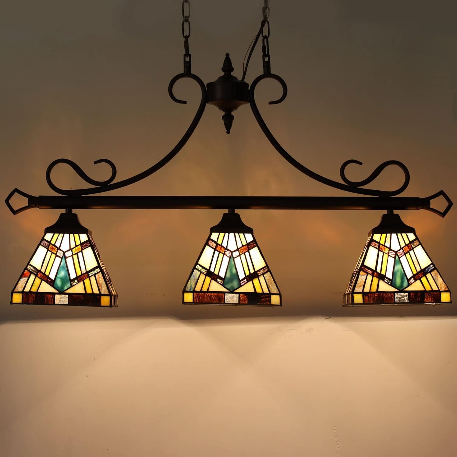 Tiffany Cream Amber Stained Glass Pool Table Light Chandelier | 3-Light,7" Wide Pendant Light,For Dining Room Kitchen Island Pool Table Billiard Hall