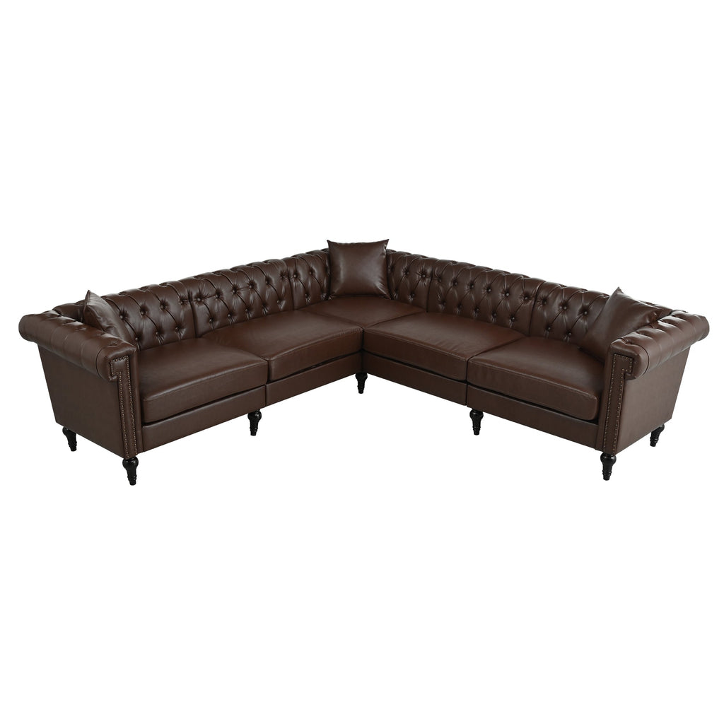 Man cave Sofa Couch for garage, Living Room, L Shaped Reversible Modern Chesterfield Sofa with Rolled Arms and Nailhead, 5 Seat Tufted Couch for Small or Large Space(Dark Brown) PU Leather