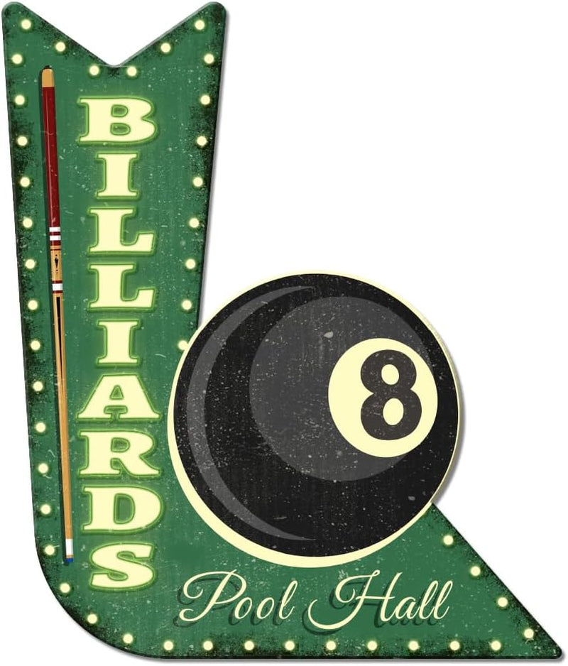Billiards Vintage Metal Tin Sign 9.1X10.6Inch Retro Arrow Sign Plaque Poster Pool Hall Metal Wall Decorative Tin Signs for Pool Hall Billiard Room Restaurant Coffee Shop Club Bar Decoration