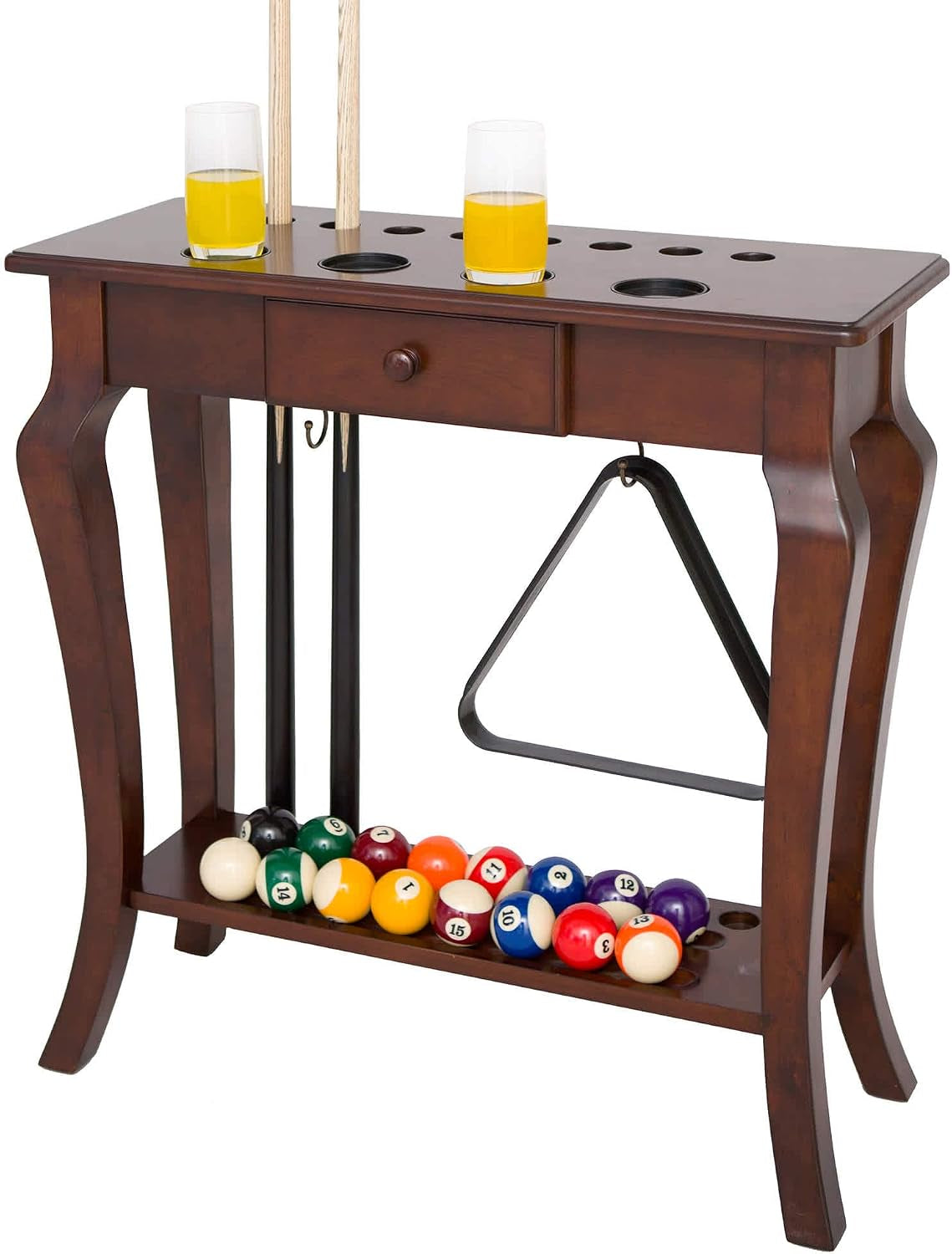 Deluxe Floor Pool Cue Rack - Billiard Rack with Drawer, 4 Cup Holders, 8 Pool Stick Holder Slots & Organizer for Balls and Pool Cue Accessories - Pool Cue Holder for Billiards - Walnut Finish