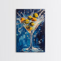 Splashing Olive Martini Canvas Print with Vibrant Cocktail Art, Perfect Bar Decor and Kitchen Wall Art Statement Piece