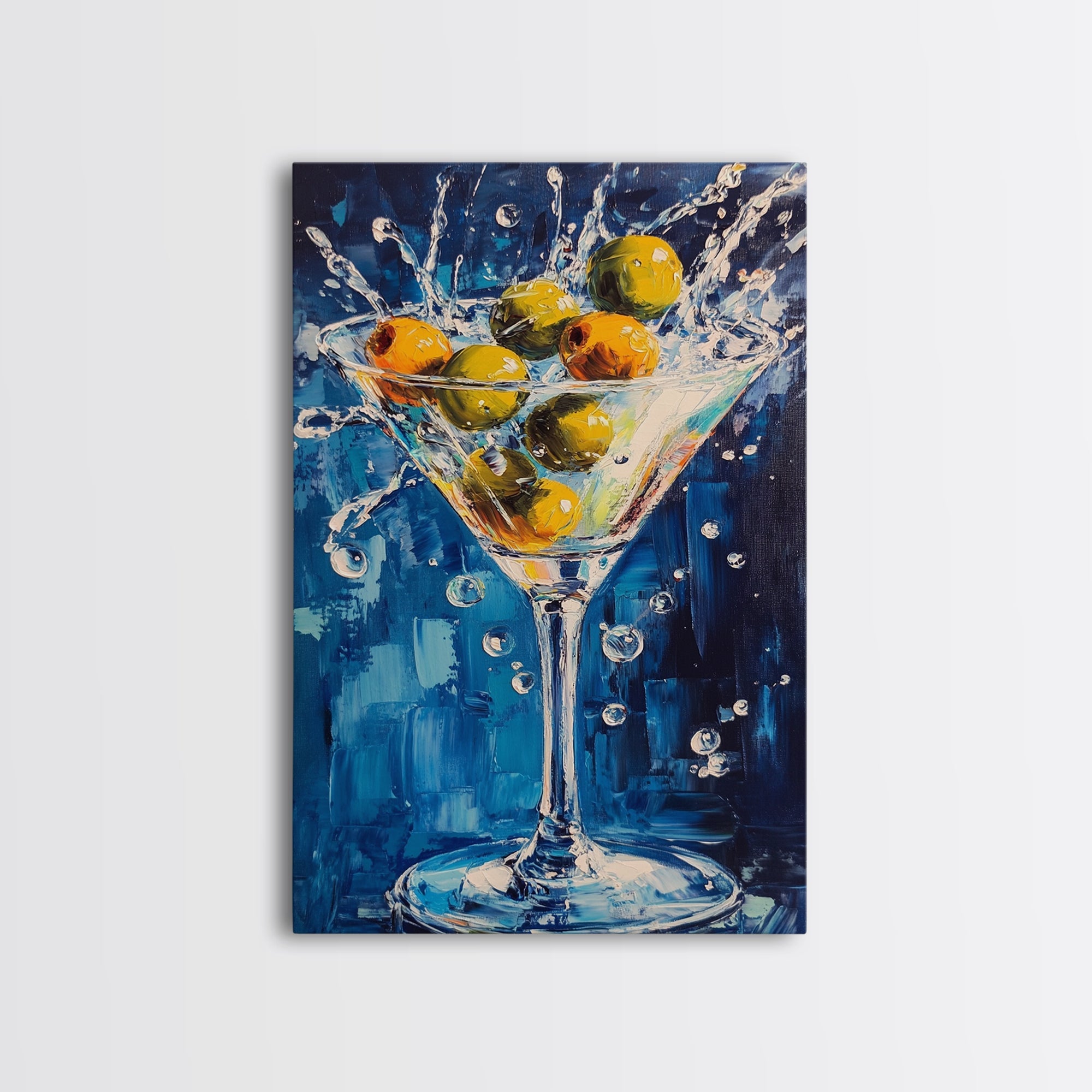 Splashing Olive Martini Canvas Print with Vibrant Cocktail Art, Perfect Bar Decor and Kitchen Wall Art Statement Piece
