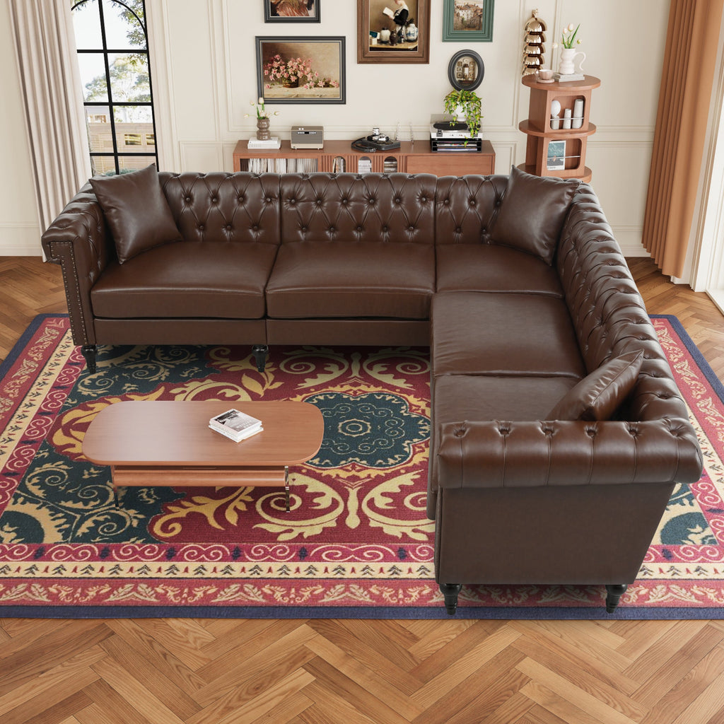 Man cave Sofa Couch for garage, Living Room, L Shaped Reversible Modern Chesterfield Sofa with Rolled Arms and Nailhead, 5 Seat Tufted Couch for Small or Large Space(Dark Brown) PU Leather