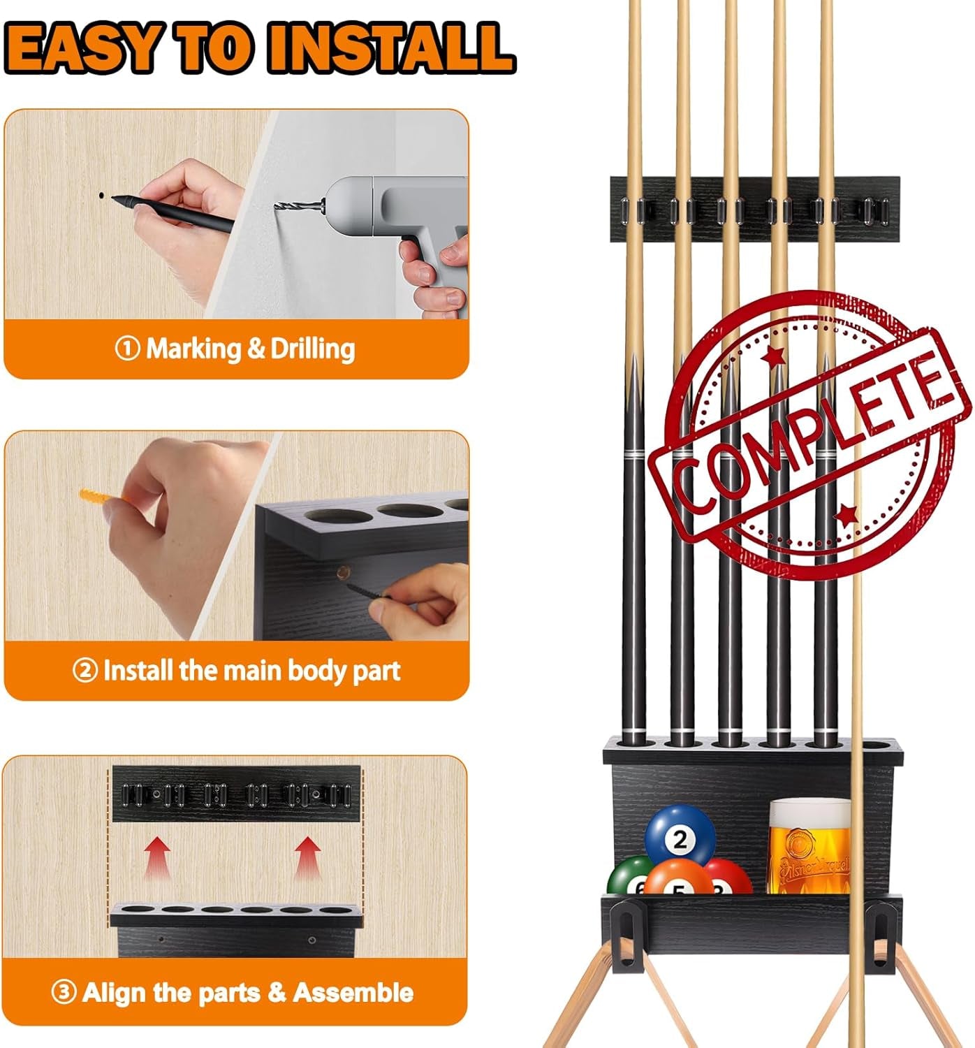 Wall Mount Pool Stick Holder, 6 Cues Pool Cue Holder Pool Table Accessories, Pool Cue Rack Hardwood Pool Cue Set, Rustic Storage Pool Table Accessories Equipment Organizer