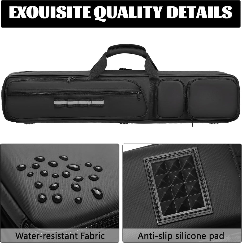 Pool Cue Case 4X4, Pool Stick Case Cue Bag with Hidden Backpack-Strap, Cue Stick Case Holds 4 Butts and 4 Shafts, Billiard Pool Cue Carrying Case with Large Front Accessory Pockets and 1 Cue Ball Case