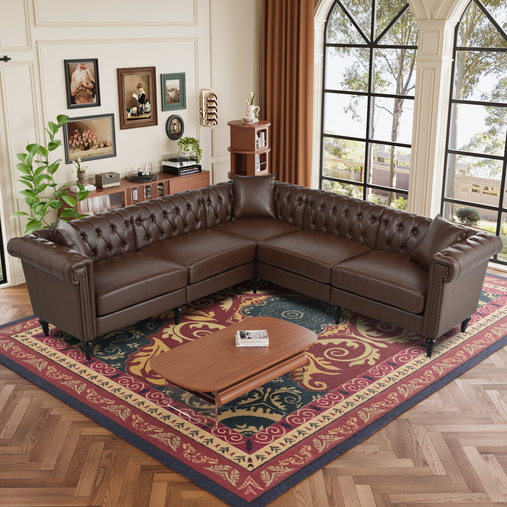 Man cave Sofa Couch for garage, Living Room, L Shaped Reversible Modern Chesterfield Sofa with Rolled Arms and Nailhead, 5 Seat Tufted Couch for Small or Large Space(Dark Brown) PU Leather