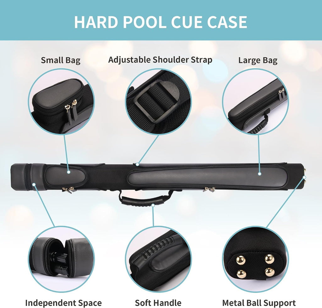 Pool Cue Case, Hard Pool Stick Case 1X1 | Holds 1 Complete 2-Piece Cue, 2 Zipper Pockets, Shoulder Strap Handle, Waterproof Microfiber Leather, for Man Women