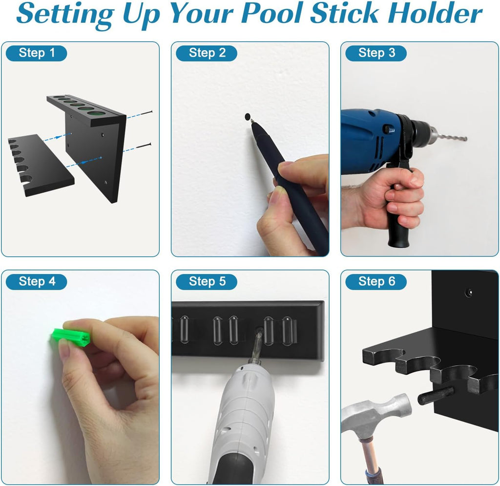 Pool Stick Holder Pool Cue Rack Wall Mount Pool Cue Holder for 6 Sticks Billiard Pool Table Accessories Organizer, Black