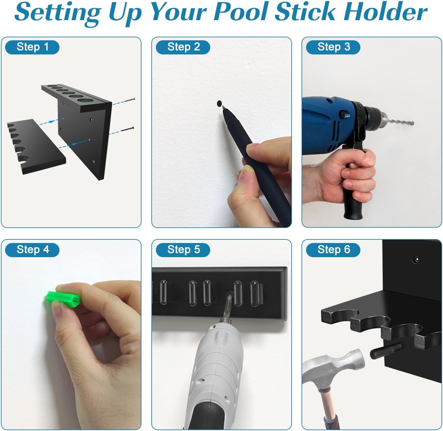 Pool Stick Holder Pool Cue Rack Wall Mount Pool Cue Holder for 6 Sticks Billiard Pool Table Accessories Organizer, Black