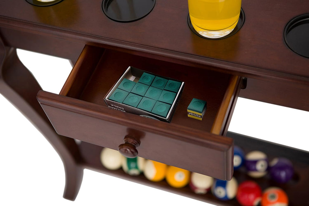 Deluxe Floor Pool Cue Rack - Billiard Rack with Drawer, 4 Cup Holders, 8 Pool Stick Holder Slots & Organizer for Balls and Pool Cue Accessories - Pool Cue Holder for Billiards - Walnut Finish