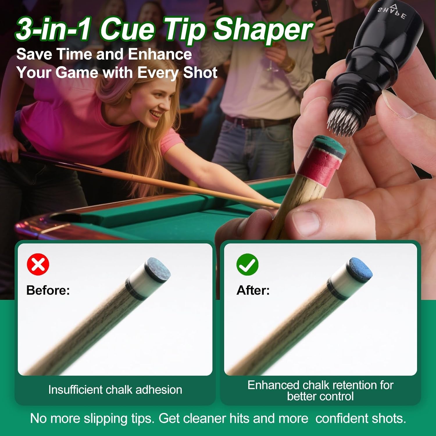 2 Pack Premium Pool Cue Tip Tools, 3-In-1 Billiard Cue Tip Shaper, Compact Billiards Pool Accessories & Tip Repair Kit, Gift for Friends or Pool Lovers