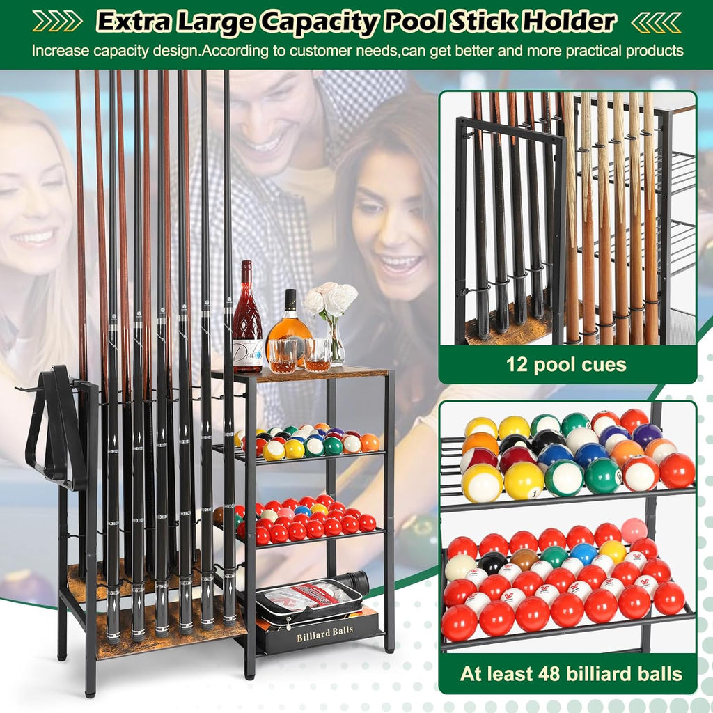 Pool Stick Holder Rack Stand for 12 Cue Sticks -Large Billiards Game Room Storage with Organizer for Balls, Triangle,Pool Table Accessories - Heavy Duty Cue Stick Holder Floor Stand for Home or Bar