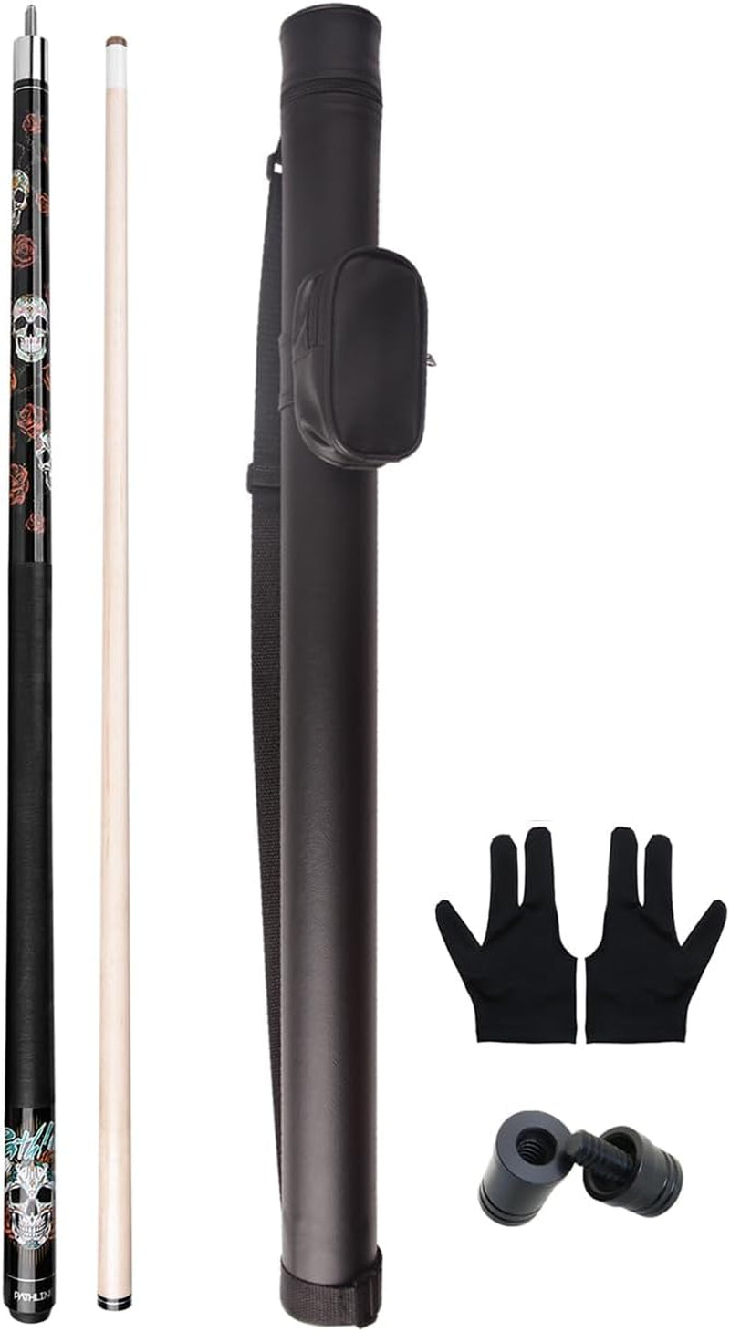 Pool Cue Stick - 58" 13Mm Tip Billiard Cue and Case | Skull Rose Design, Hard Maple Shaft, Linen Wrap, 18-21Oz Weight, Cue & Case Kit, for Serious Player