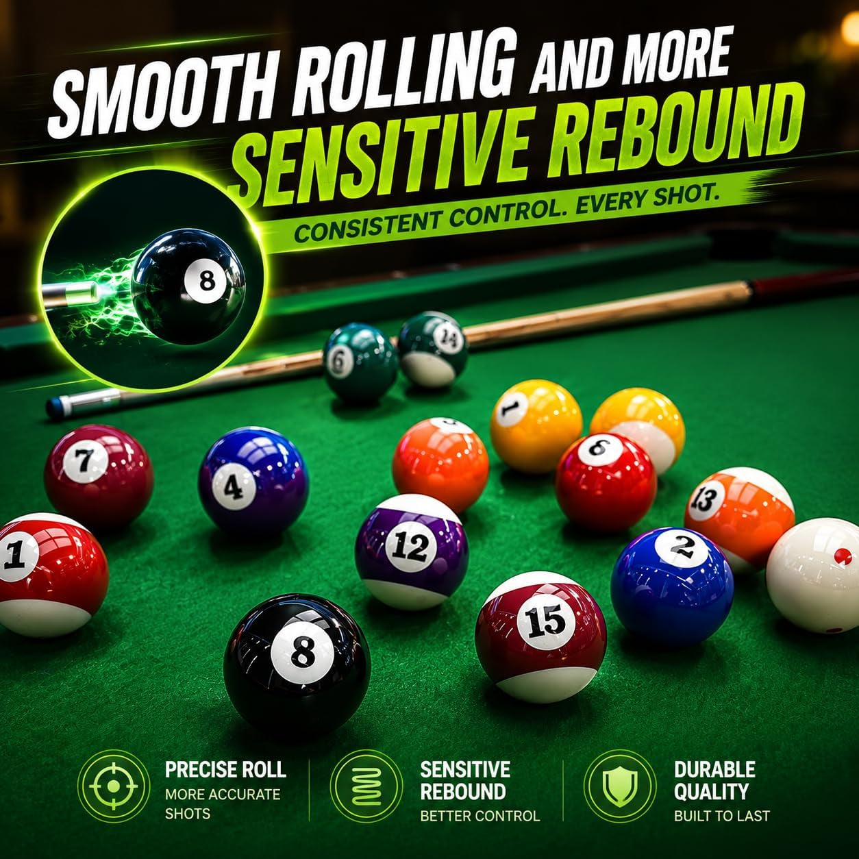 Billiard Balls Set, 2-1/4" Regulation Size Pool Table Balls, Complete 16 Resin Pool Ball Set with Cue Ball, Smooth True Roll, Polished Finish for 8-Ball & Home Bar Tables