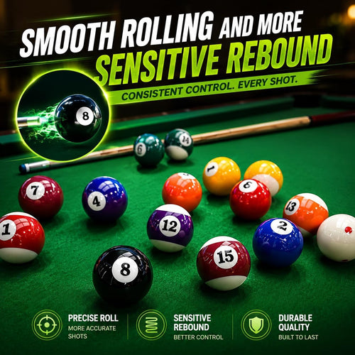 Billiard Balls Set, 2-1/4" Regulation Size Pool Table Balls, Complete 16 Resin Pool Ball Set with Cue Ball, Smooth True Roll, Polished Finish for 8-Ball & Home Bar Tables