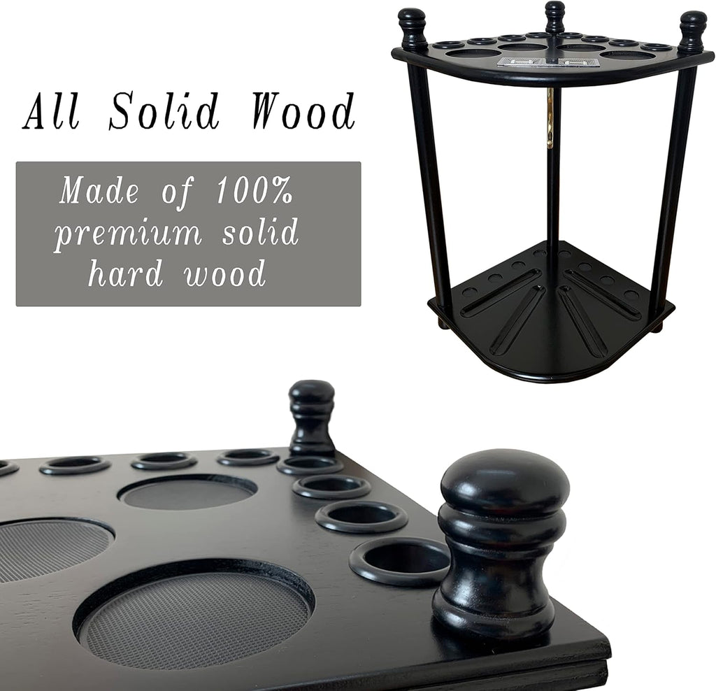 Floor Standing Pool Cue Rack Hold 8 Cue Sticks & Pool Table Accessories, Solid Wood Pool Stick Holder, Corner Pool Cue Holder with Ball Rack Hook & Scorer Counter