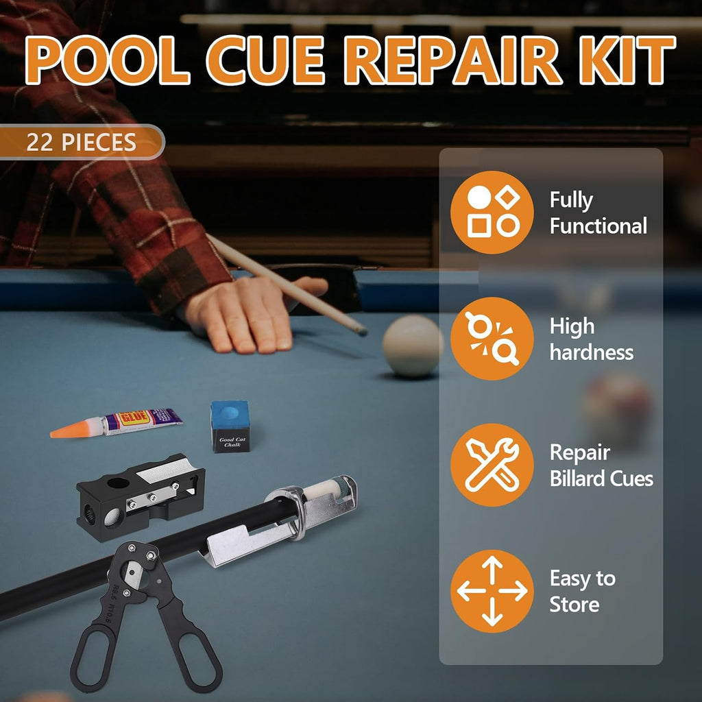 22Pcs Pool Cue Repair Kit: 11 in 1 Pool Cue Tips Repair Tool 2 Pool Cue Tip Clamps 10 Billiard Cue Tips 4 Ferrules 2 Chalk Cubes 1 Pool Cue Tip Scissor