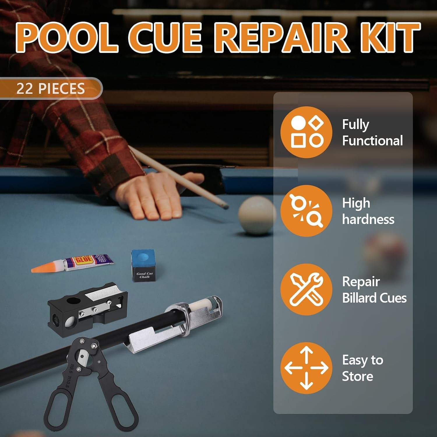 22Pcs Pool Cue Repair Kit: 11 in 1 Pool Cue Tips Repair Tool 2 Pool Cue Tip Clamps 10 Billiard Cue Tips 4 Ferrules 2 Chalk Cubes 1 Pool Cue Tip Scissor