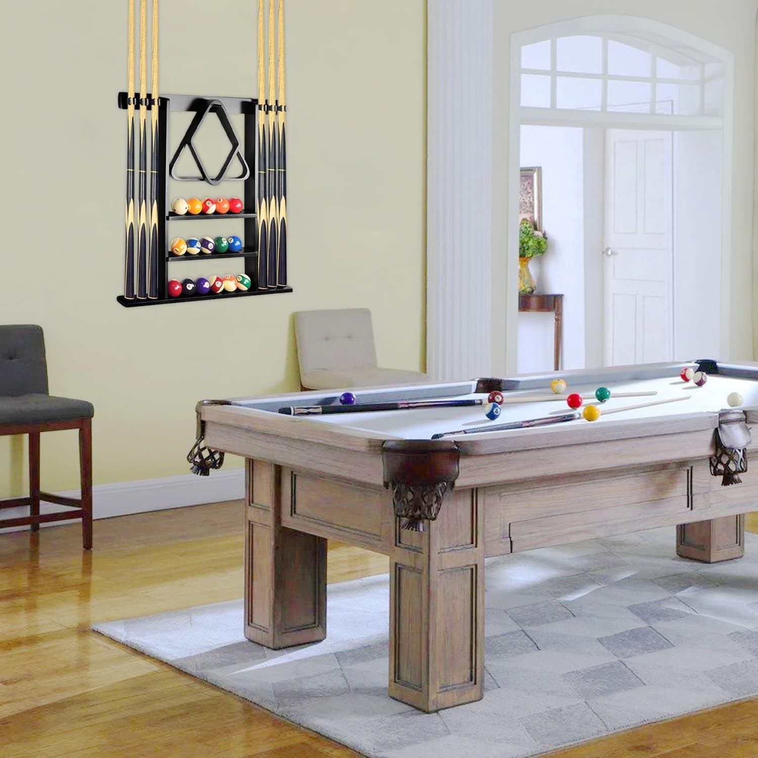Pool Stick Holder Solid Wood Cue Stick Holder Billiard Cue Racks Holds Billiards Accessories for Game Room, Bar, (Black)