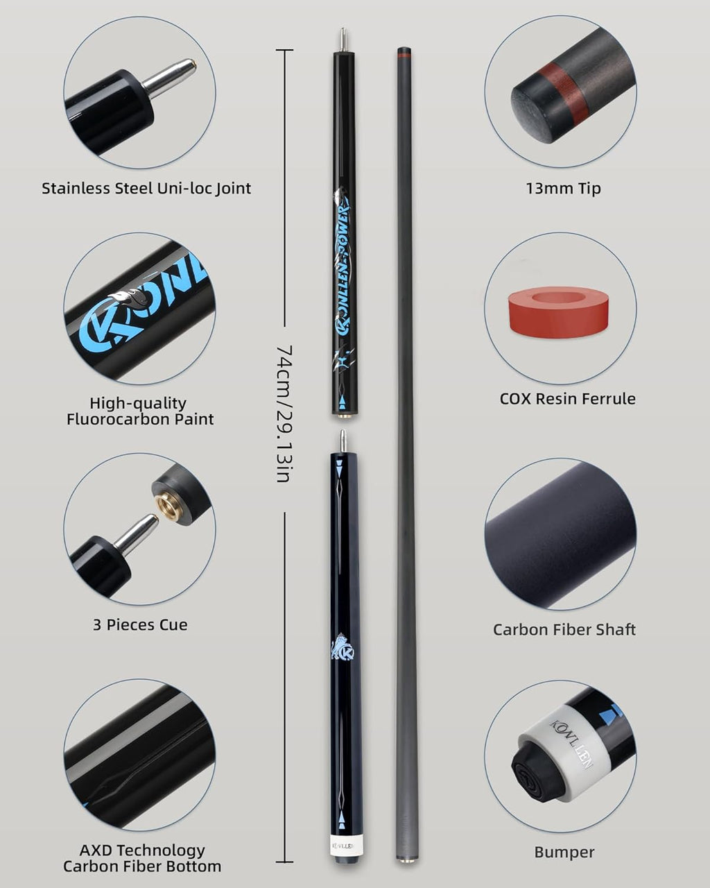 Carbon Fiber Cue Set, Low Deflection, Break Jump Cue, 2X4 Case | Includes Playing Cue, Break Jump Cue, 2X4 Cue Case, Towel and Weight Bolts for League Practice and Tournament Play.