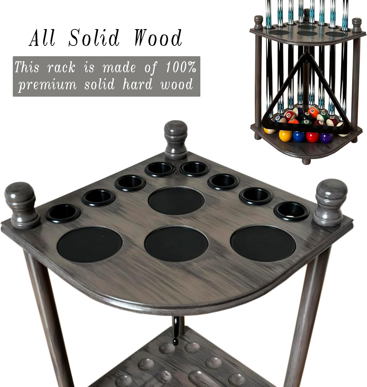 Pool Cue Rack Hold up to 8 Sticks & Billiard Accessories. Floor Stand Pool Cue Stick Holder Made of 100% Solid Hardwood.(Grey)