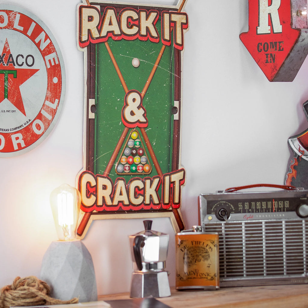 Rack It Crack It Pool Table Sticks Billiards Embossed Metal Sign - Decor for Bar, Man Cave, Garage, Game Room