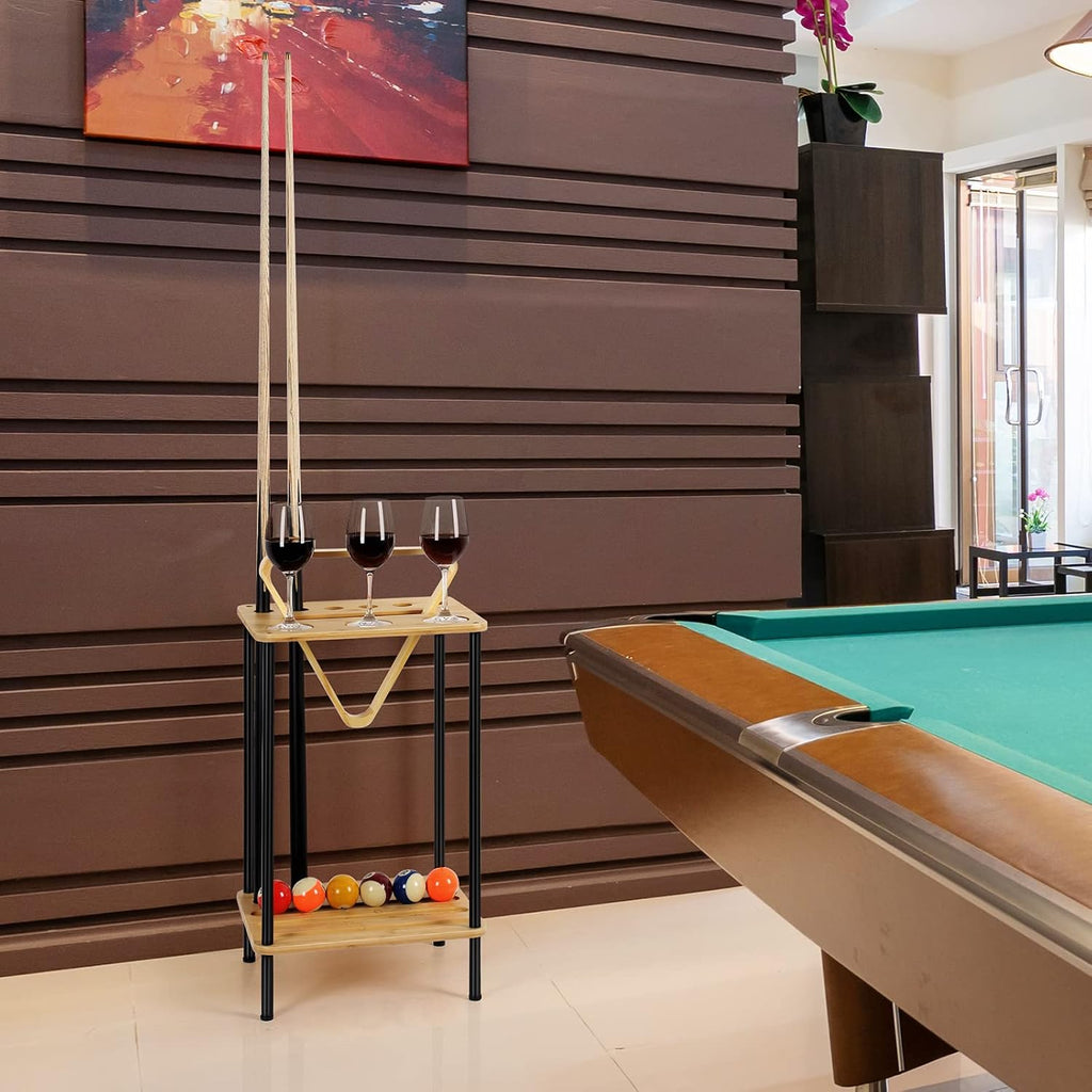 Billiard Accessories - Wooden Pool Cue Rack Holds 6 Sticks, Floor Stand, Wood Color