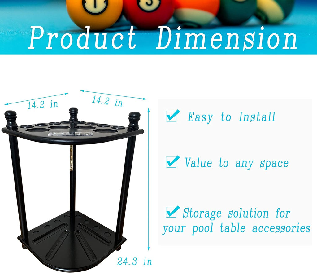 Floor Standing Pool Cue Rack Hold 8 Cue Sticks & Pool Table Accessories, Solid Wood Pool Stick Holder, Corner Pool Cue Holder with Ball Rack Hook & Scorer Counter