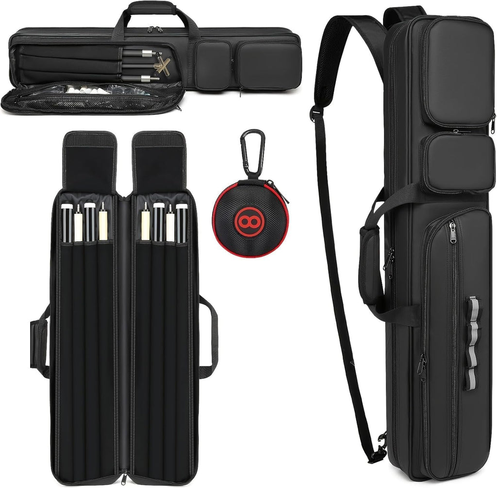 Pool Cue Case 4X4, Pool Stick Case Cue Bag with Hidden Backpack-Strap, Cue Stick Case Holds 4 Butts and 4 Shafts, Billiard Pool Cue Carrying Case with Large Front Accessory Pockets and 1 Cue Ball Case
