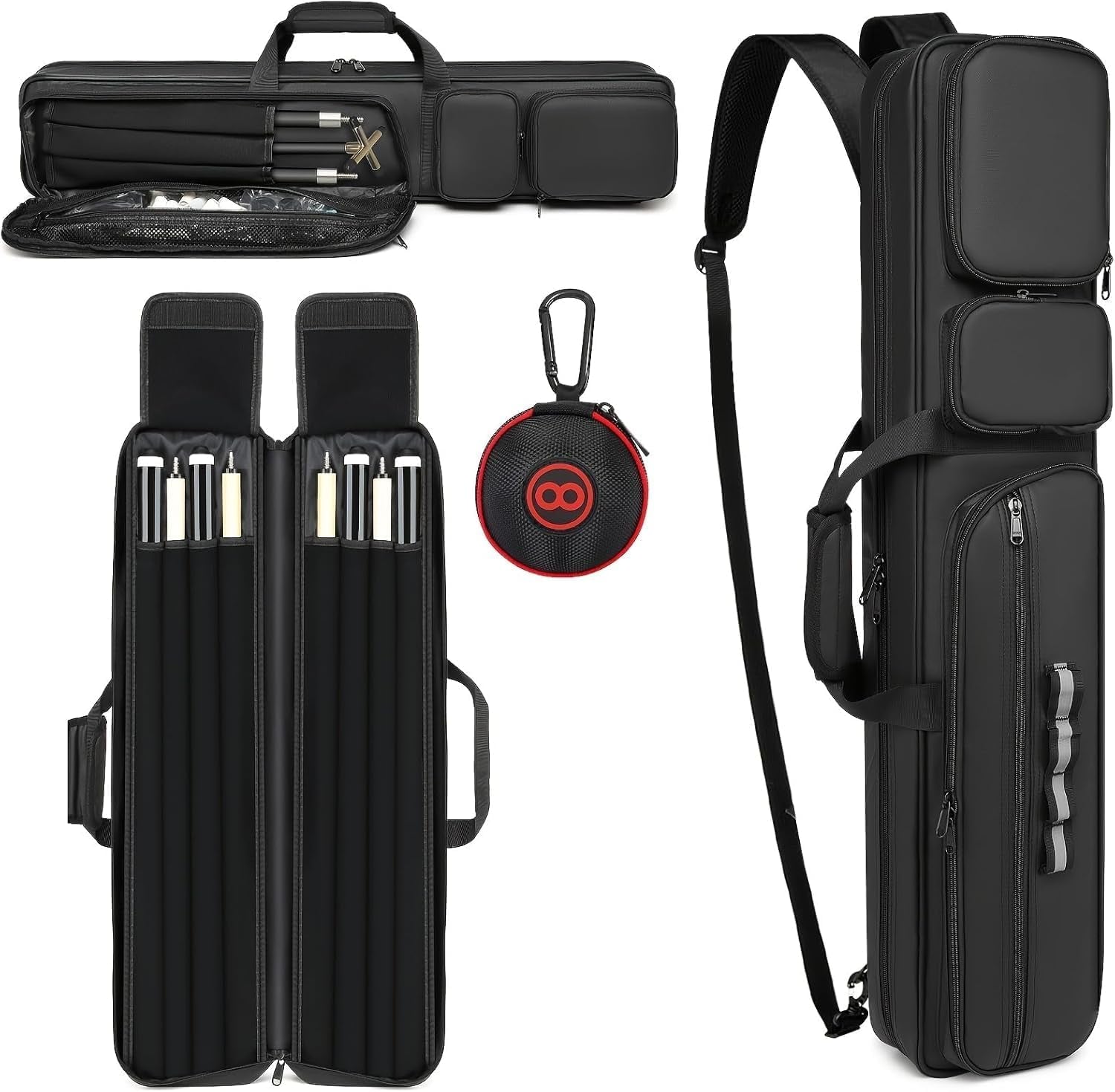 Pool Cue Case 4X4, Pool Stick Case Cue Bag with Hidden Backpack-Strap, Cue Stick Case Holds 4 Butts and 4 Shafts, Billiard Pool Cue Carrying Case with Large Front Accessory Pockets and 1 Cue Ball Case