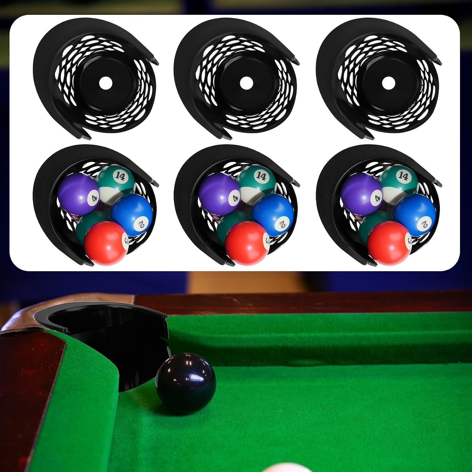 6 Pack Set of Pool Table Pockets (Thickened Plastic Material) Black Large Capacity Pool Table Pocket Replacement