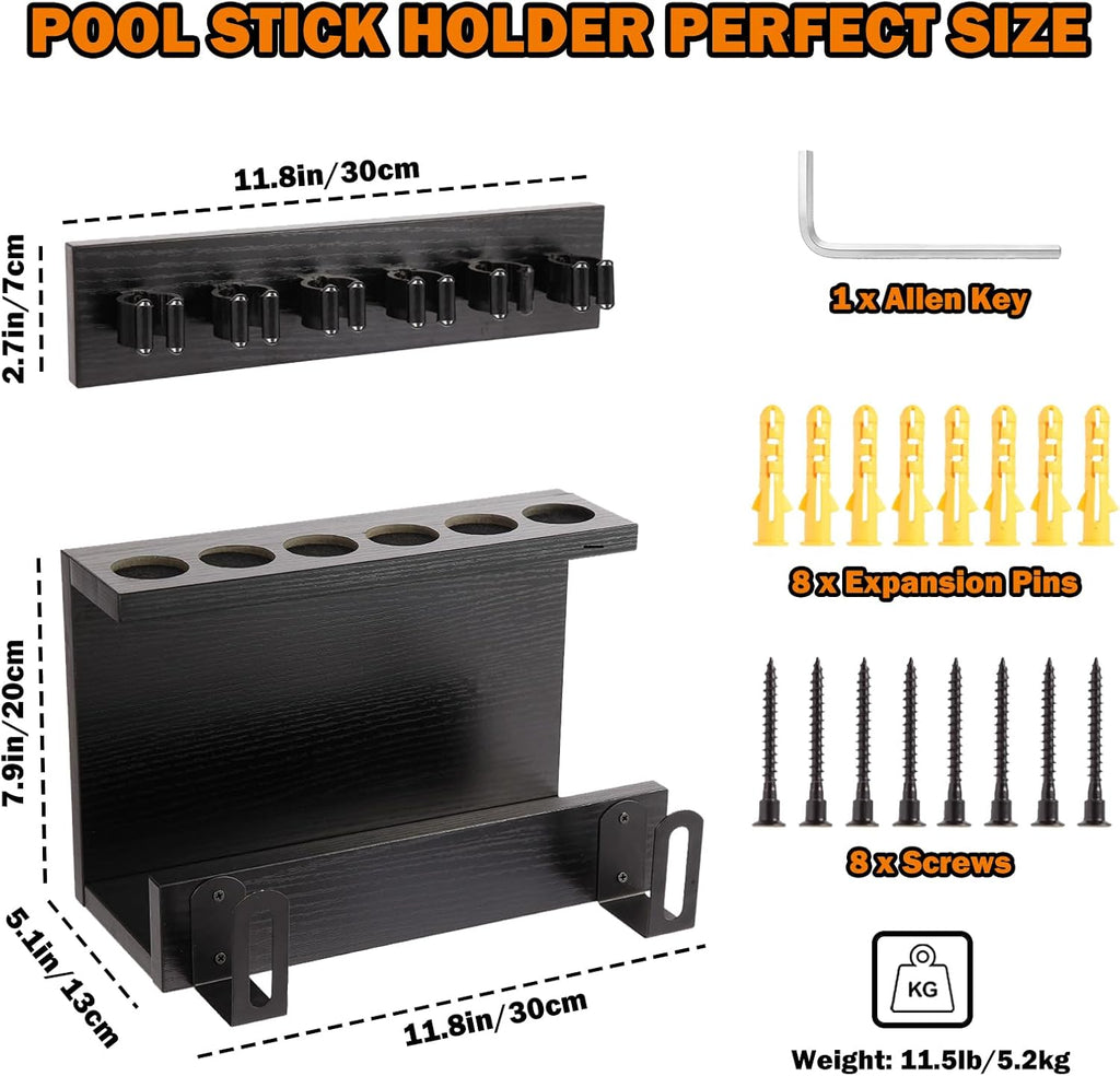 Wall Mount Pool Stick Holder, 6 Cues Pool Cue Holder Pool Table Accessories, Pool Cue Rack Hardwood Pool Cue Set, Rustic Storage Pool Table Accessories Equipment Organizer