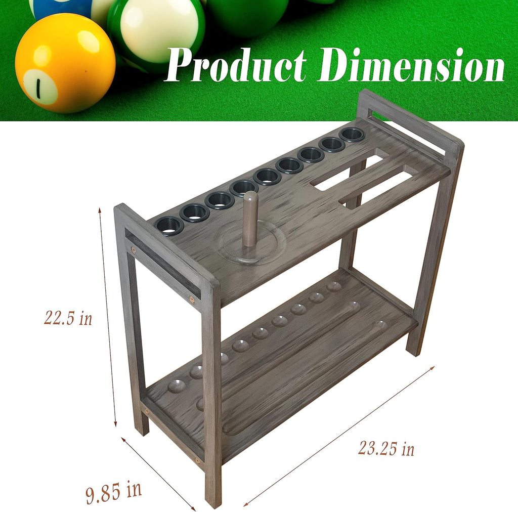 Pool Stick Holder Floor Stand Holds 9 Cues & Pool Table Accessories. Wooden 2-Tier Cue Stick Storage with Ball Rack Hangers, Billiard Cone Chalk Holder or Drink Pads
