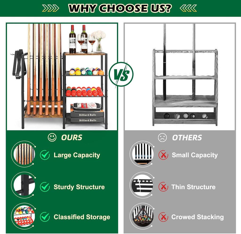 Pool Stick Holder Rack Stand for 12 Cue Sticks -Large Billiards Game Room Storage with Organizer for Balls, Triangle,Pool Table Accessories - Heavy Duty Cue Stick Holder Floor Stand for Home or Bar