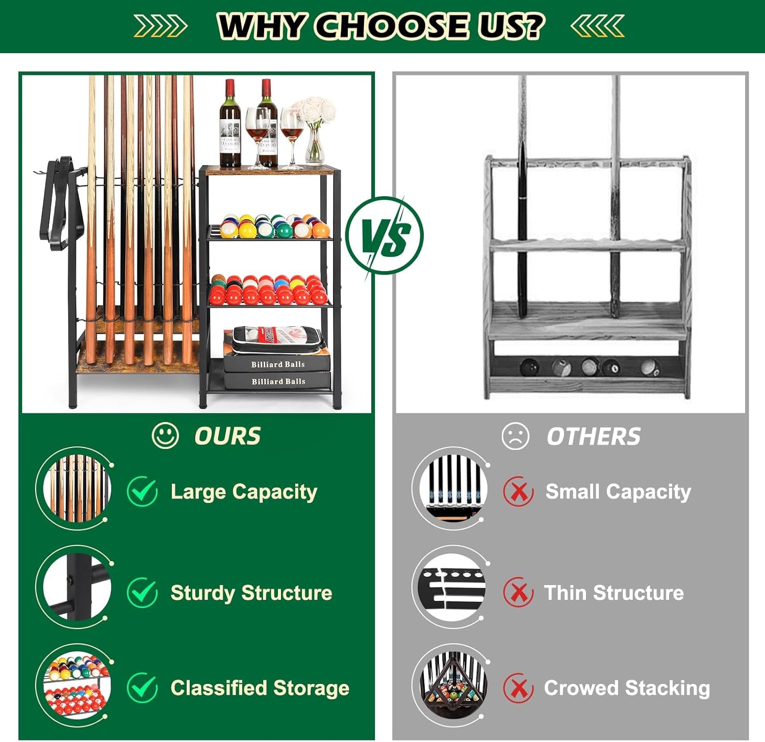 Pool Stick Holder Rack Stand for 12 Cue Sticks -Large Billiards Game Room Storage with Organizer for Balls, Triangle,Pool Table Accessories - Heavy Duty Cue Stick Holder Floor Stand for Home or Bar